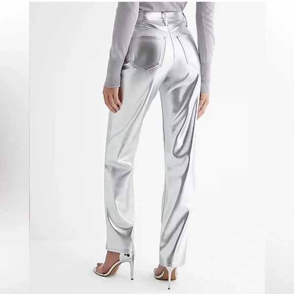 Express Silver High Waisted Metallic Faux Leather Modern Straight Pant NEW - Picture 3 of 7